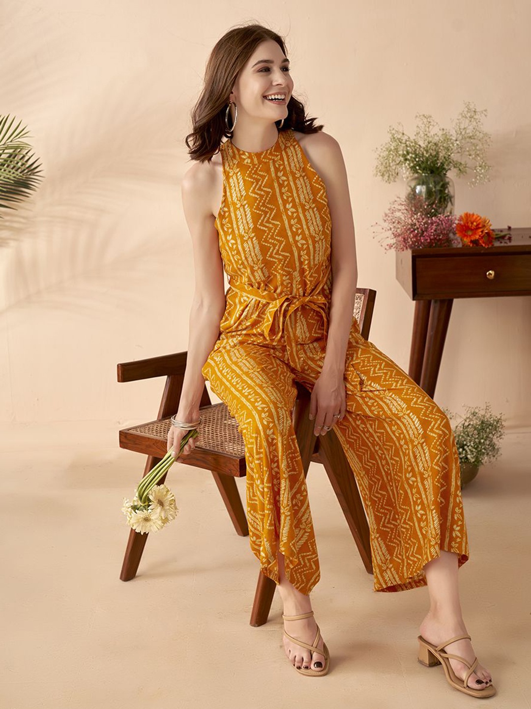 

Anouk Printed Halter Neck Sleeveless Basic Jumpsuit, Mustard