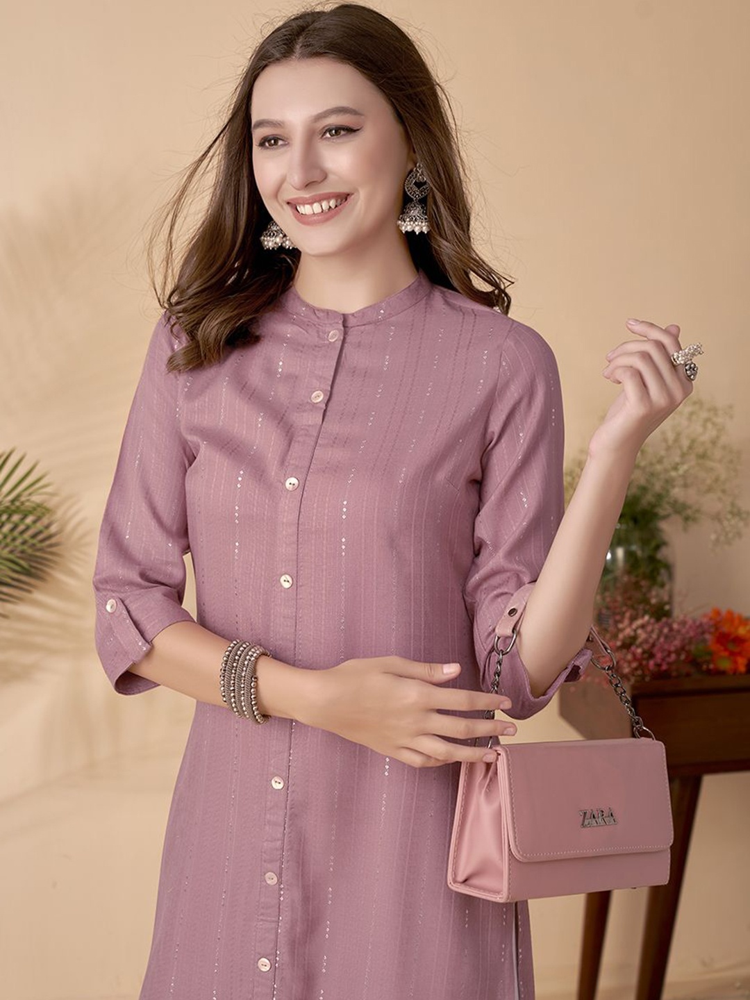 

Anouk Pink Striped Mandarin Collar Roll-Up Sleeves Dobby Straight Kurta