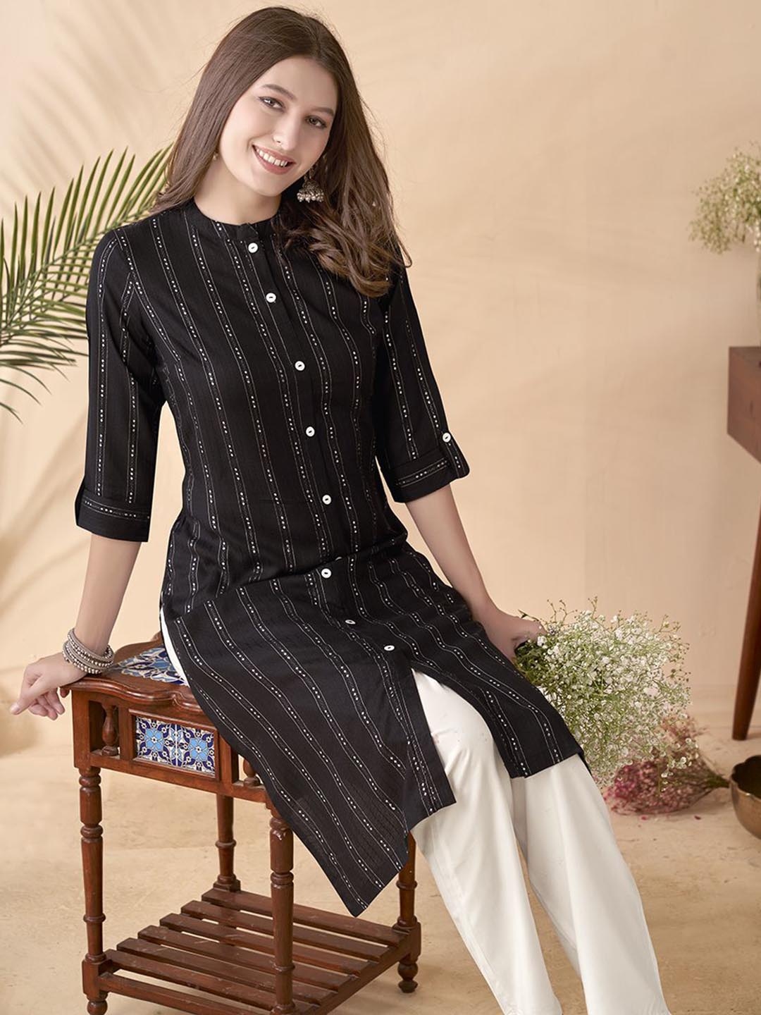 

Anouk Striped Mandarin Collar Straight Kurta, Black