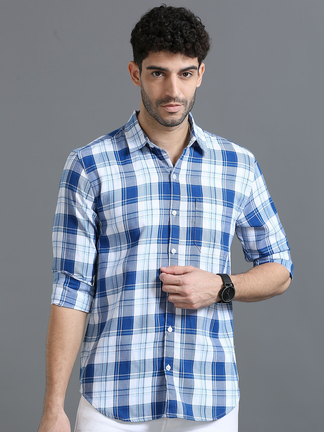 

Rope Men Classic Slim Fit Tartan Checks Opaque Checked Casual Shirt, Turquoise blue