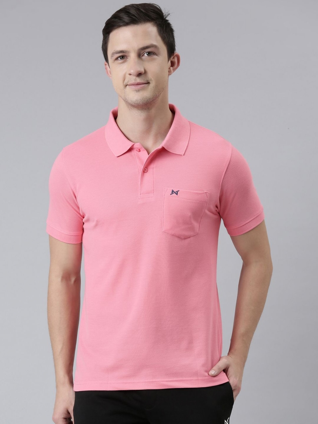 

Force NXT Men Solid Polo Collar Pocket Cotton T-shirt, Pink