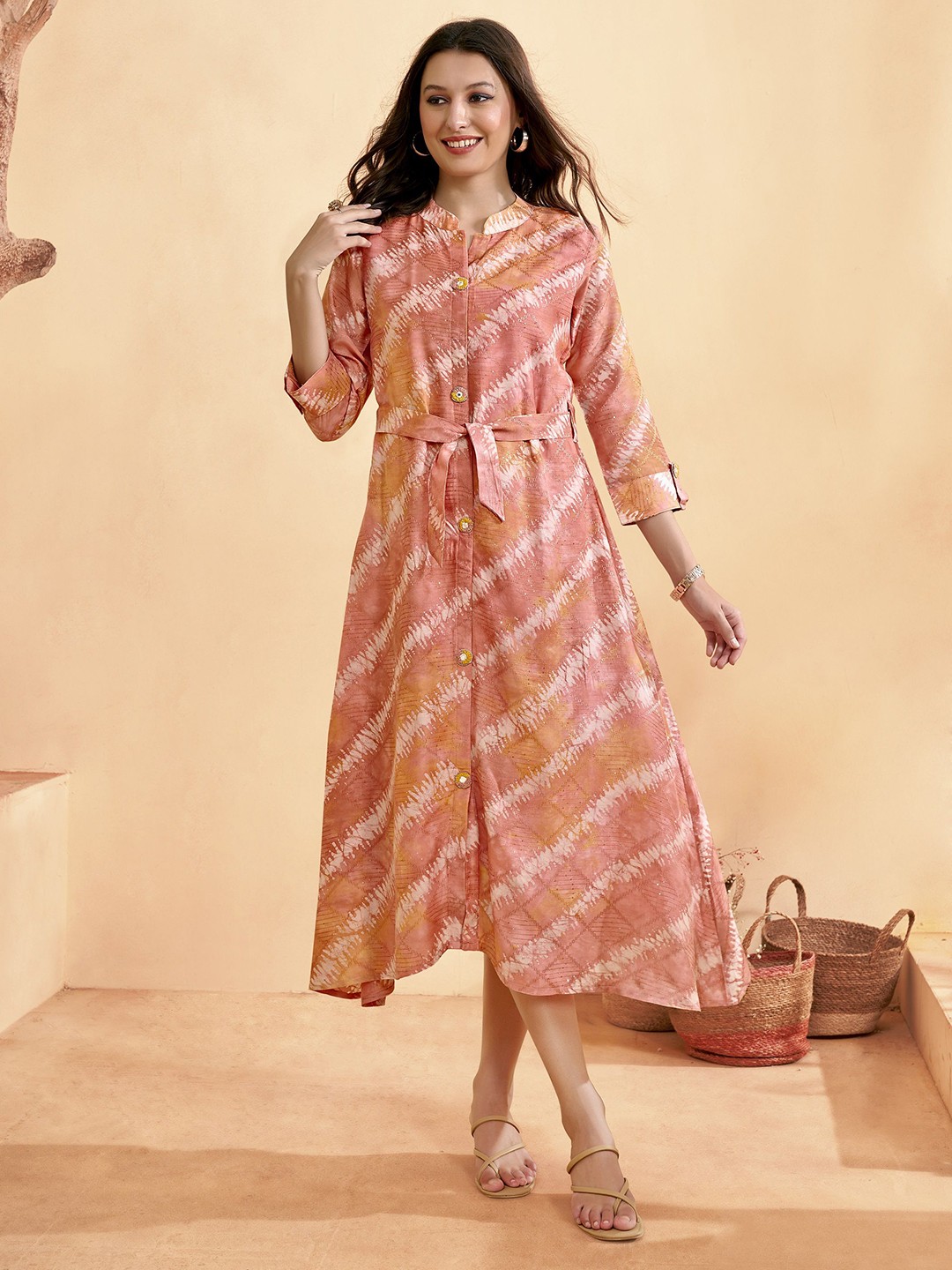 

Anouk Striped Jacquard Mandarin Collar A-LineDress, Peach