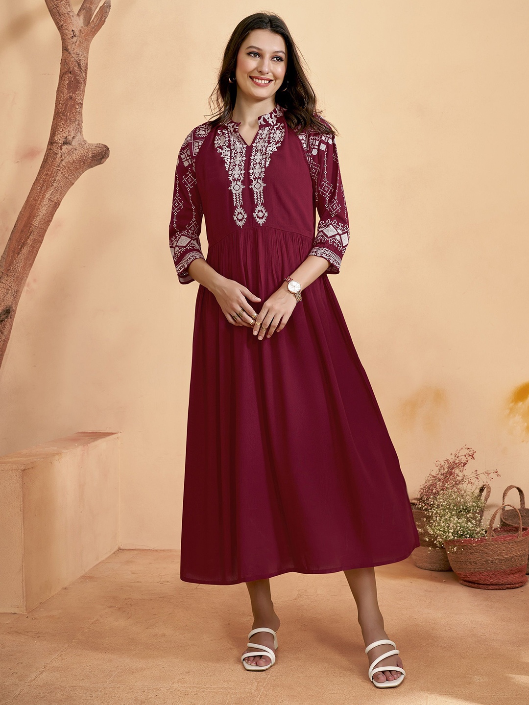 

Anouk Floral A-Line Midi Dress, Maroon