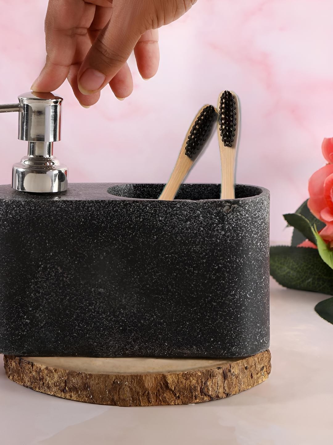 

THE HOME CO. Black Textured Soap Dispenser With Tumbler