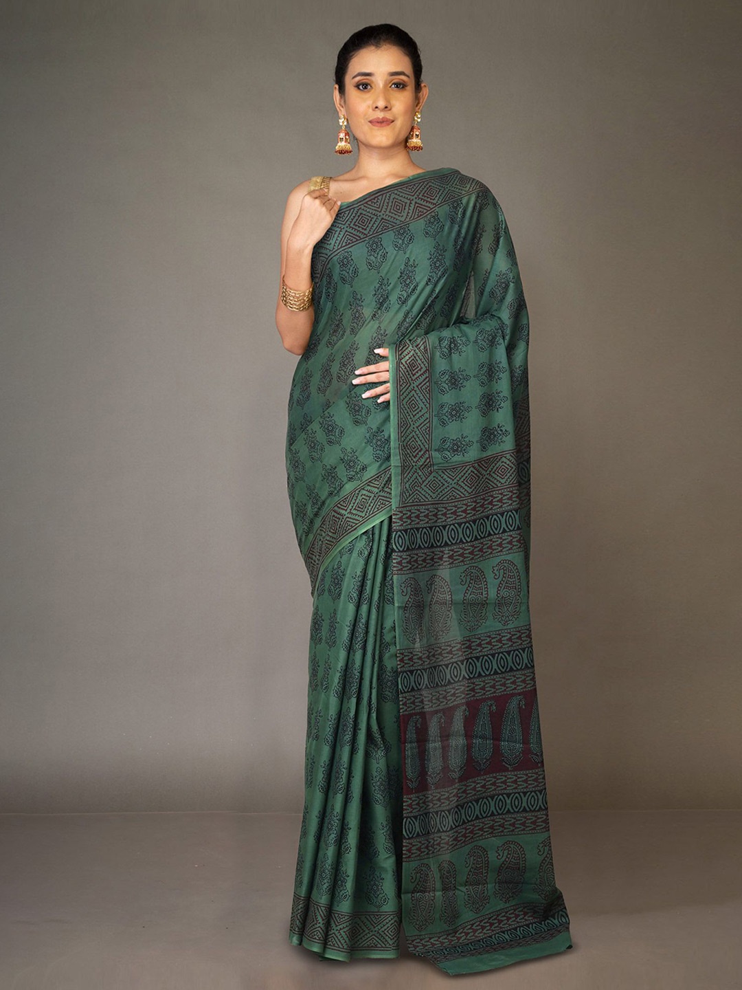 

Unnati Silks Bagh Pure Cotton Handloom Bagh Saree, Green