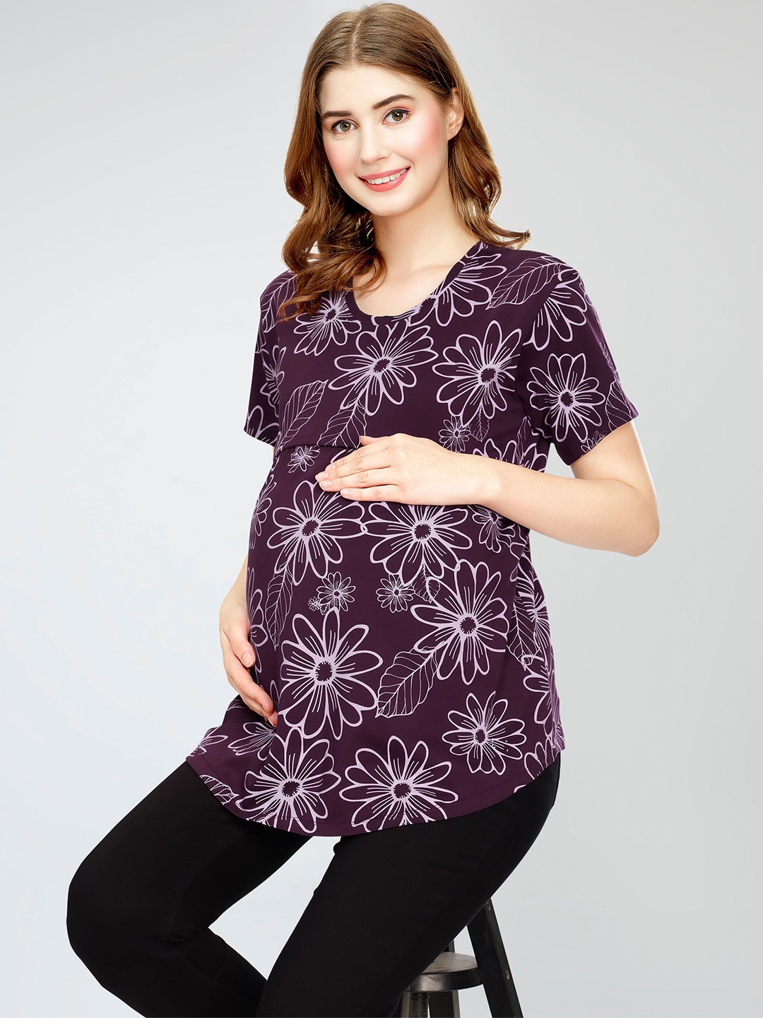 

Zeyo Women Floral Print Cotton Round Neck Short Sleeves Maternity Top, Purple