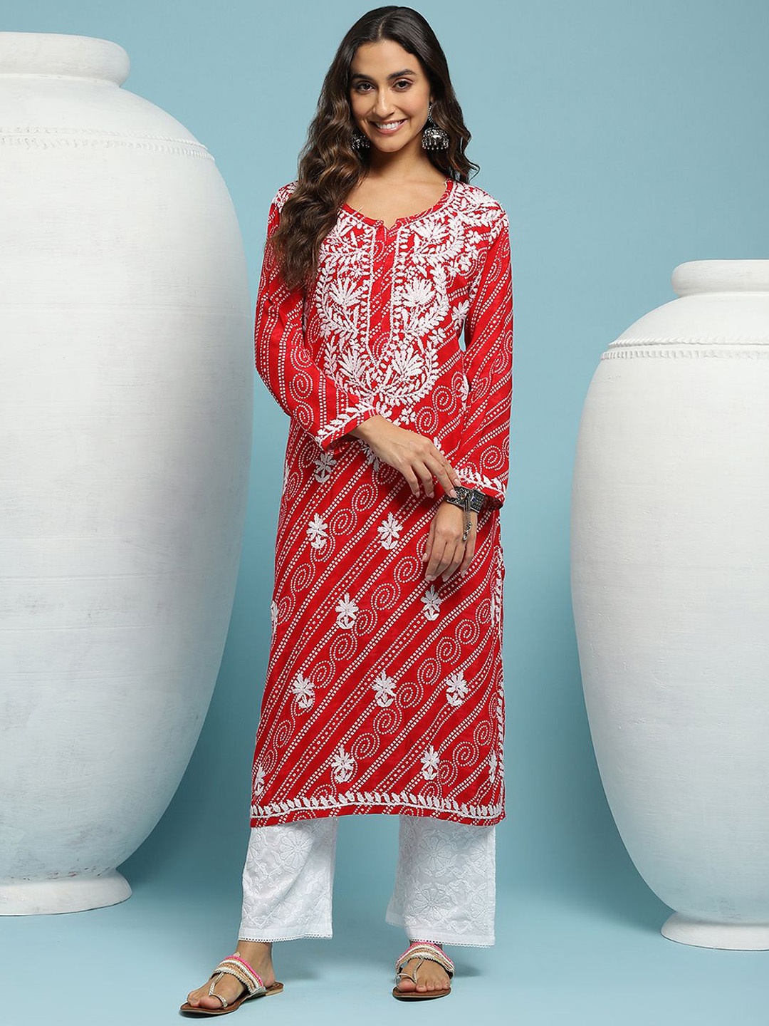

House of Chikankari Chikankari Printed Kurta, Red