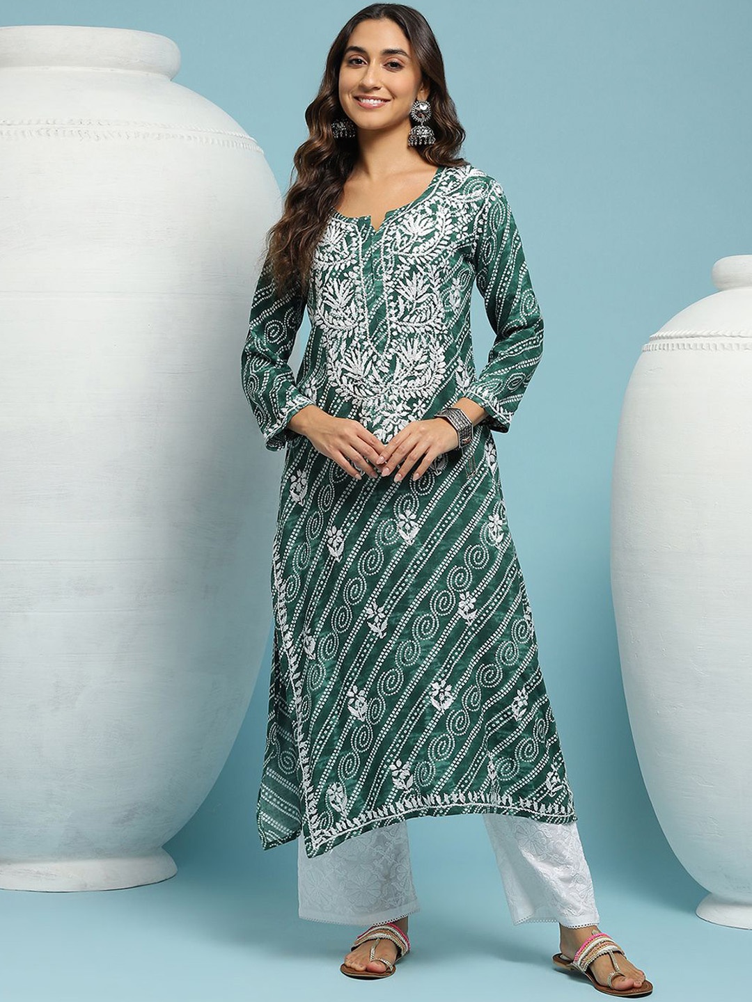 House of Chikankari Chikankari Printed Kurta, Green