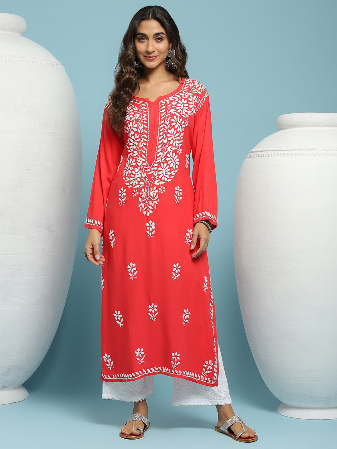 

House of Chikankari Paisley Embroidered Mirror Work Cotton Straight Kurta, Red