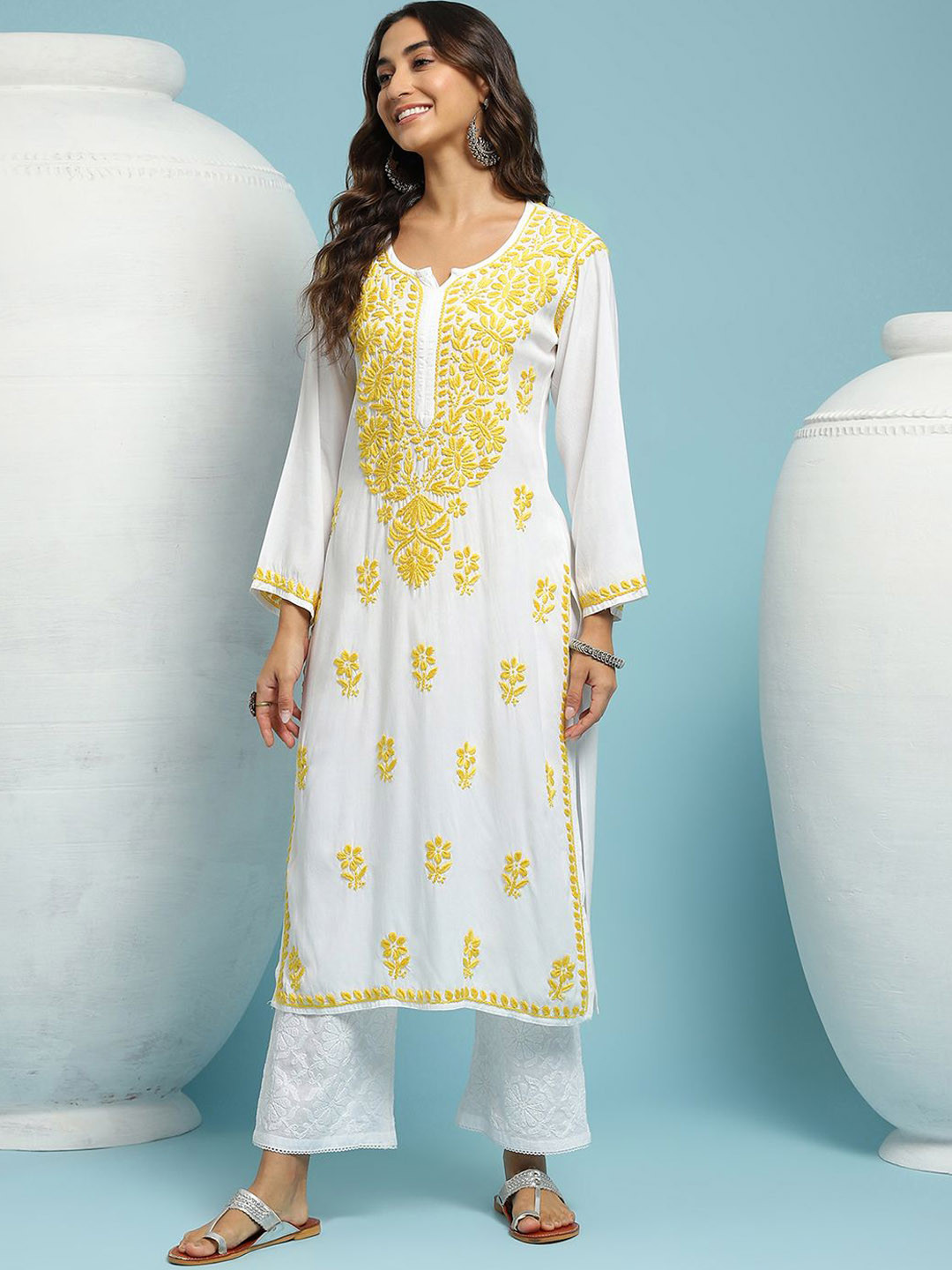 

House of Chikankari Embroidered Cotton Straight Kurta, Yellow