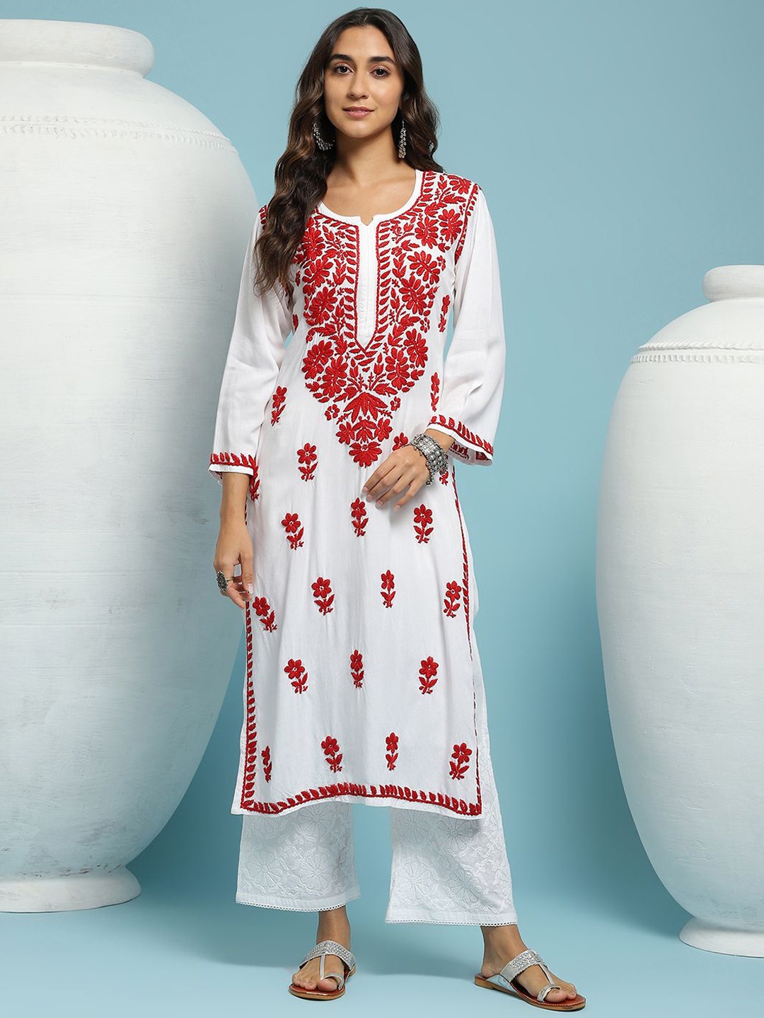

House of Chikankari Floral Embroidered Cotton Chikankari Kurta, Red