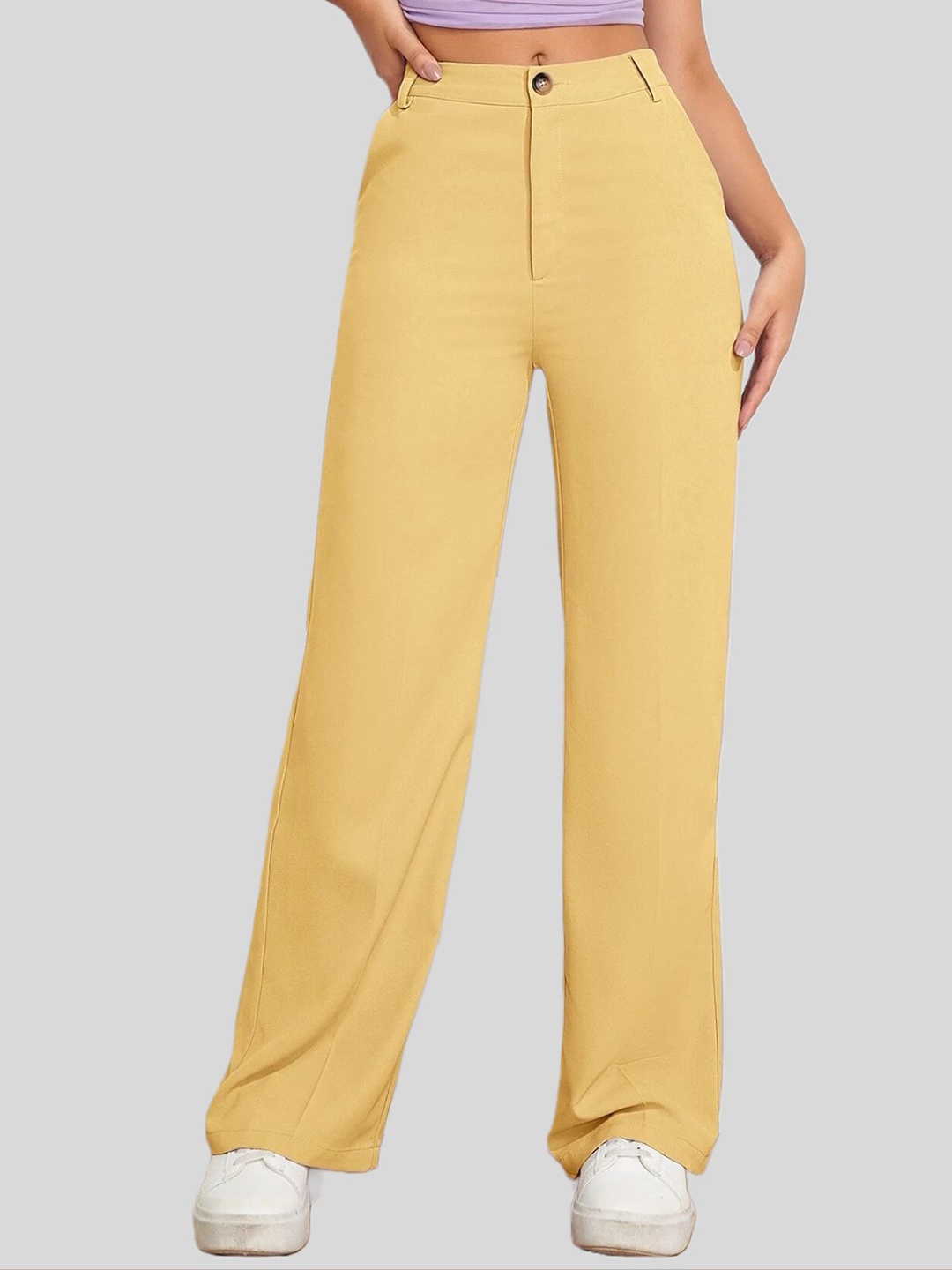 

FNOCKS Women Relaxed Straight Leg Straight Fit High-Rise Cotton Trousers, Yellow