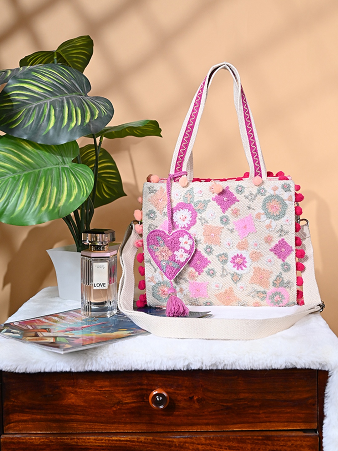 

BohoGirl Women Floral Self Design Structured Canvas Handheld Bag, Pink