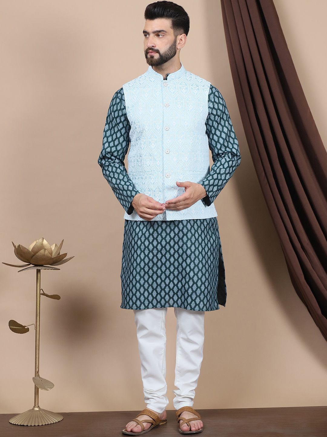 

Anouk Green Ethnic Motifs Printed Straight Pure Cotton Kurta with Churidar & Nehru Jacket