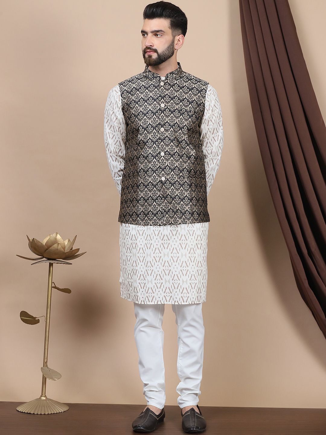 

Anouk Black Printed Straight Pure Cotton Kurta with Churidar, Cream