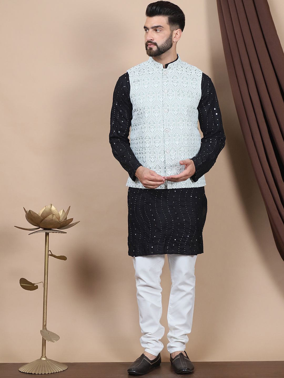 

Anouk Embroidered Sequinned Pure Cotton Straight Kurta With Churidar & Nehru Jacket, Black