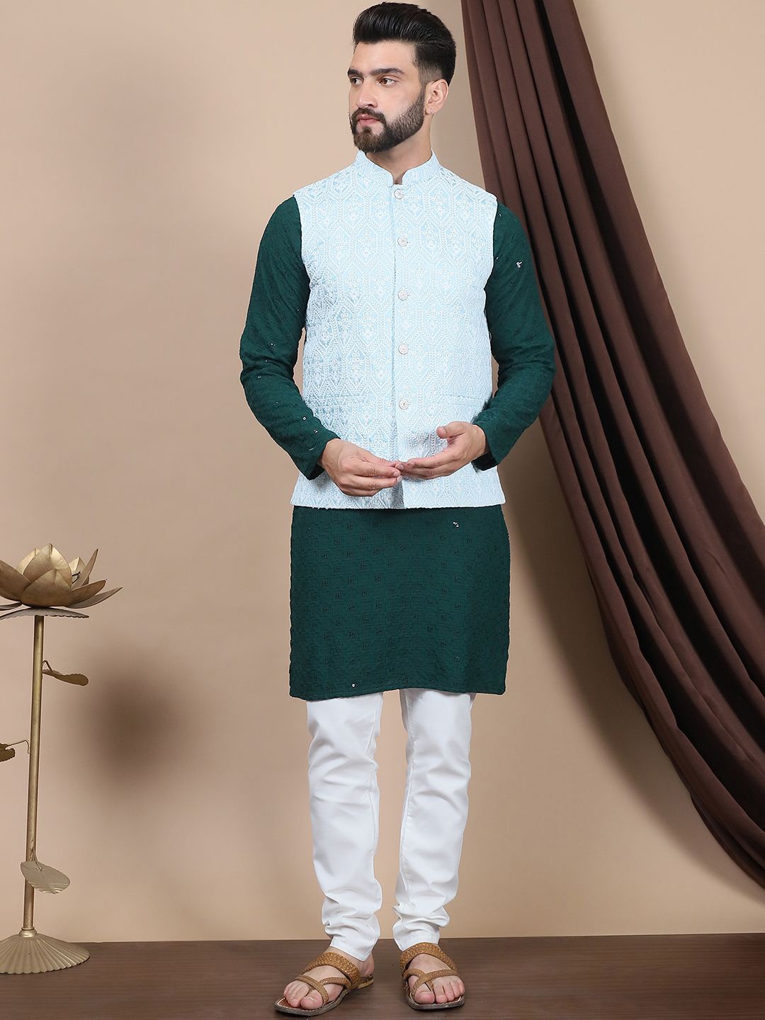 

Anouk Floral Embroidered Sequinned Pure Cotton Straight Kurta With Churidar & Nehru Jacket, Green