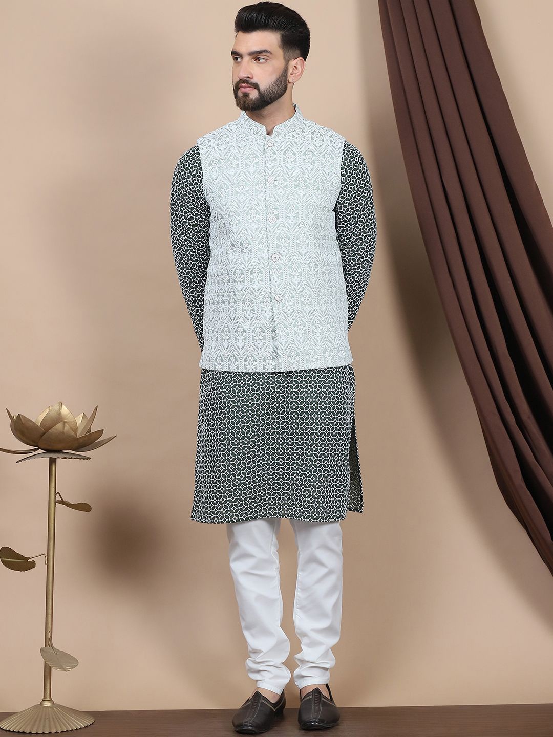 

Anouk Floral Embroidered Pure Cotton Straight Kurta With Churidar & Nehru Jacket, Green