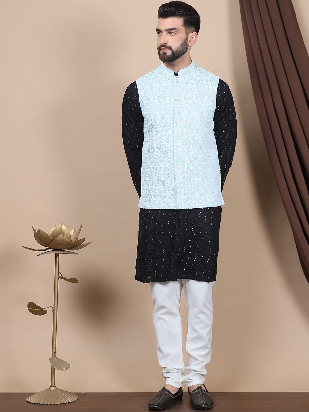 

Anouk Embroidered Sequinned Pure Cotton Straight Kurta With Churidar & Nehru Jacket, Black