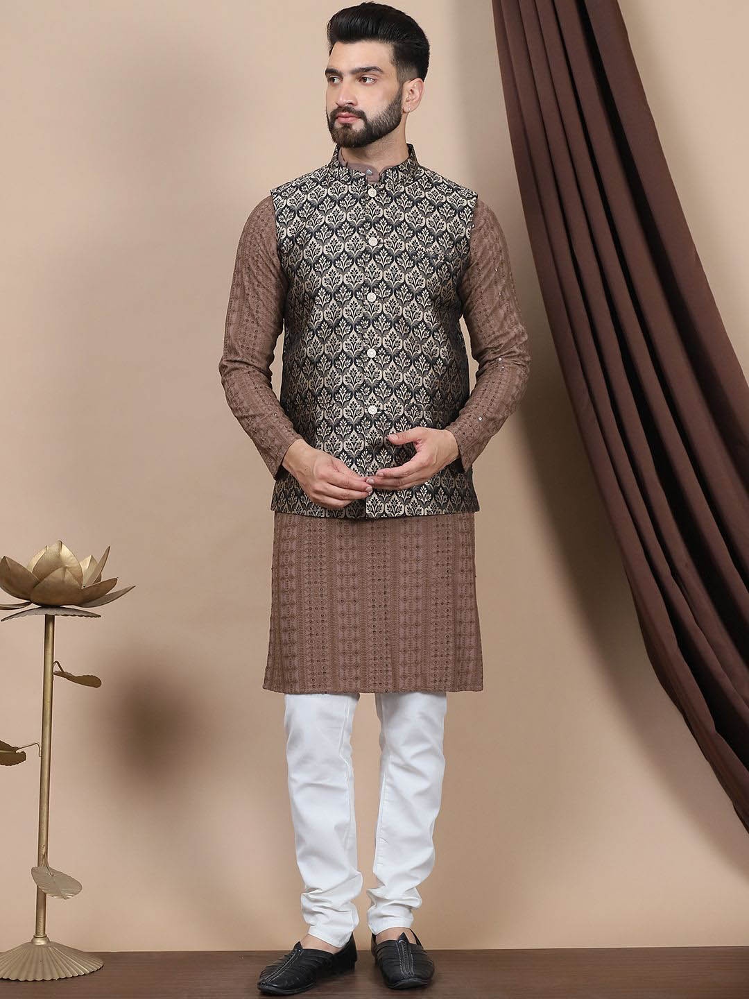 

Anouk Embroidered Sequinned Pure Cotton Straight Kurta With Churidar & Nehru Jacket, Brown