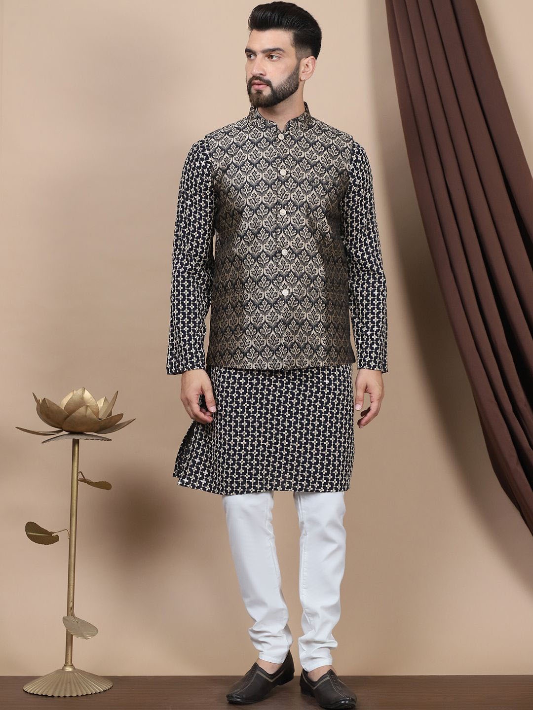 

Anouk Geometric Embroidered Pure Cotton Straight Kurta With Churidar & Nehru Jacket, Beige