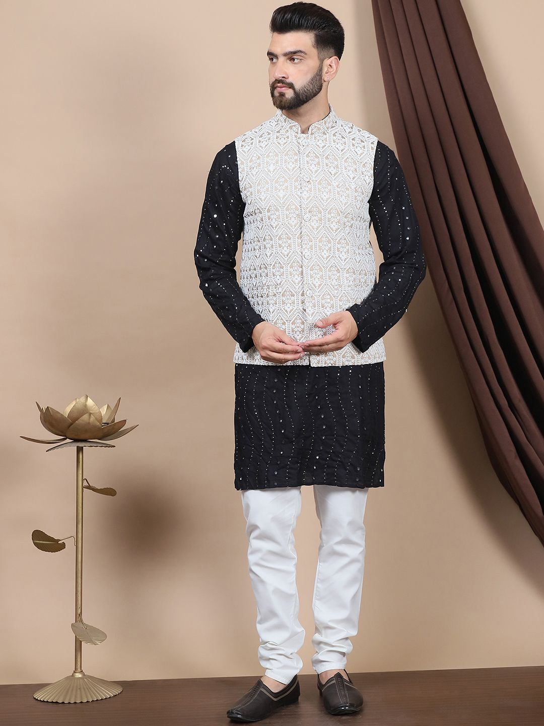 

Anouk Floral Embroidered Sequinned Pure Cotton Straight Kurta With Churidar & Nehru Jacket, Black