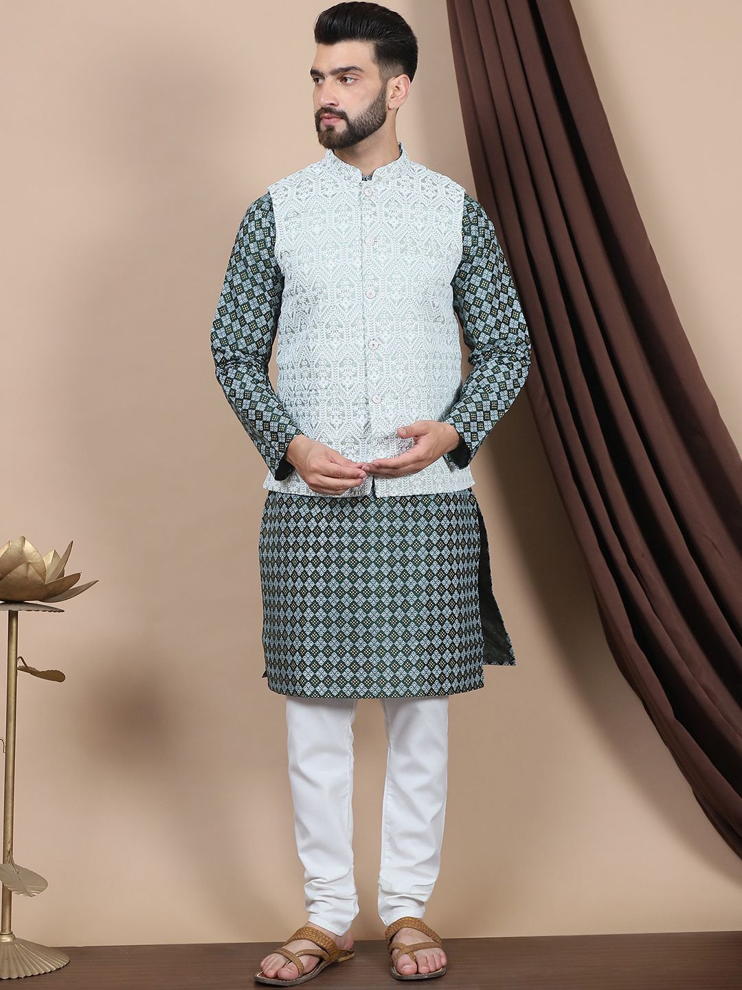 

Anouk Blue Ethnic Motifs Embroidered Straight Thread Work Pure Cotton Kurta with Churidar, Green