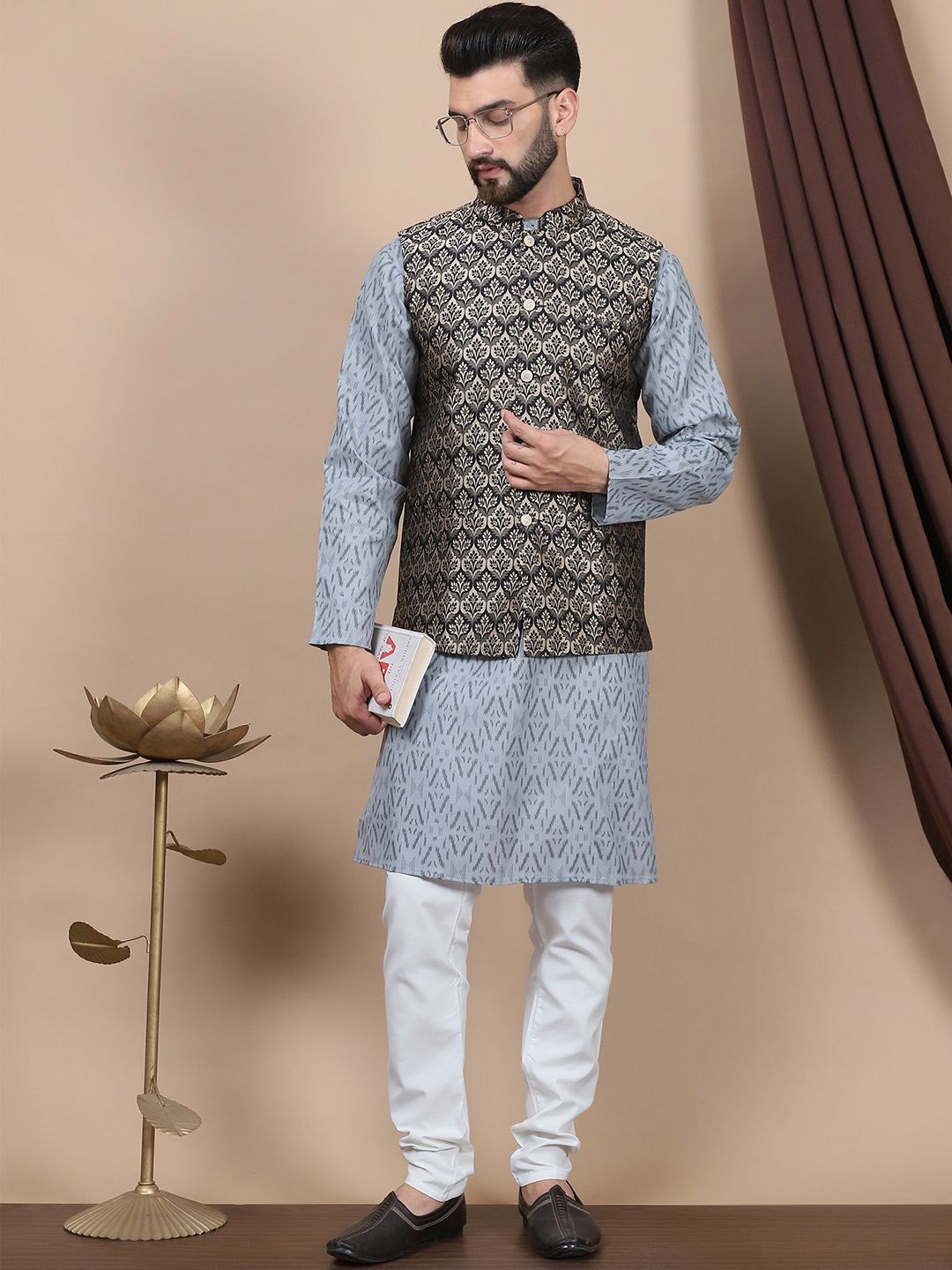 

Anouk Geometric Printed Regular Pure Cotton Straight Kurta With Churidar & Nehru Jacket, Grey