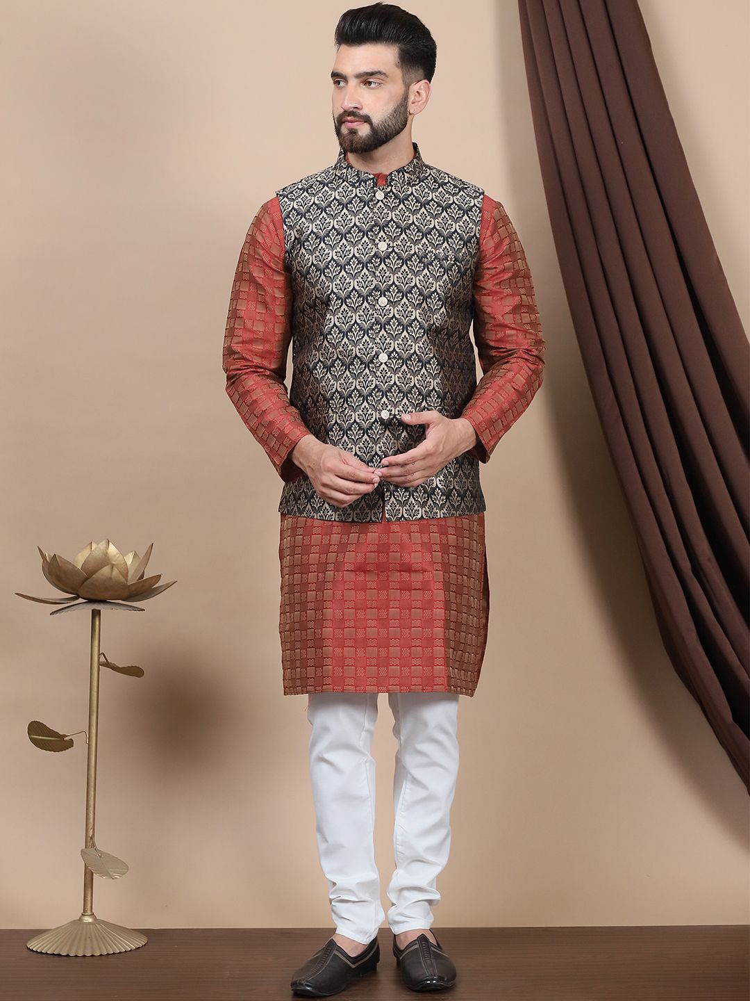 

Anouk Geometric Woven Design Regular Straight Kurta With Churidar & Nehru Jacket, Maroon
