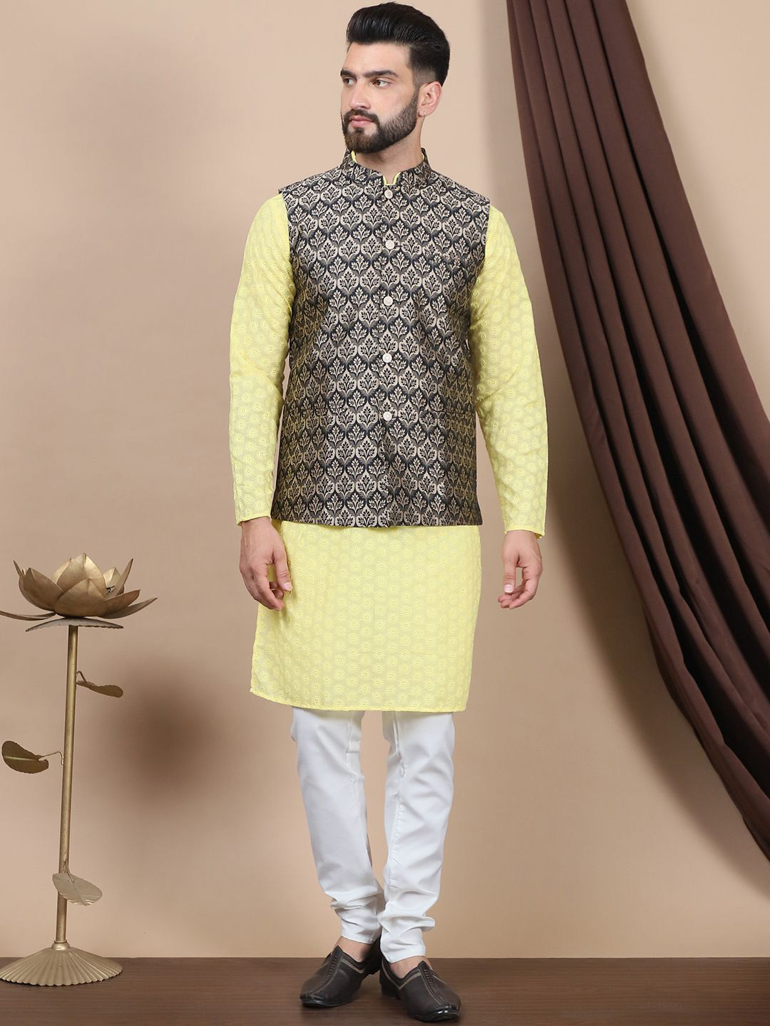 

Anouk Floral Embroidered Pure Cotton Straight Kurta With Churidar & Nehru Jacket, Yellow