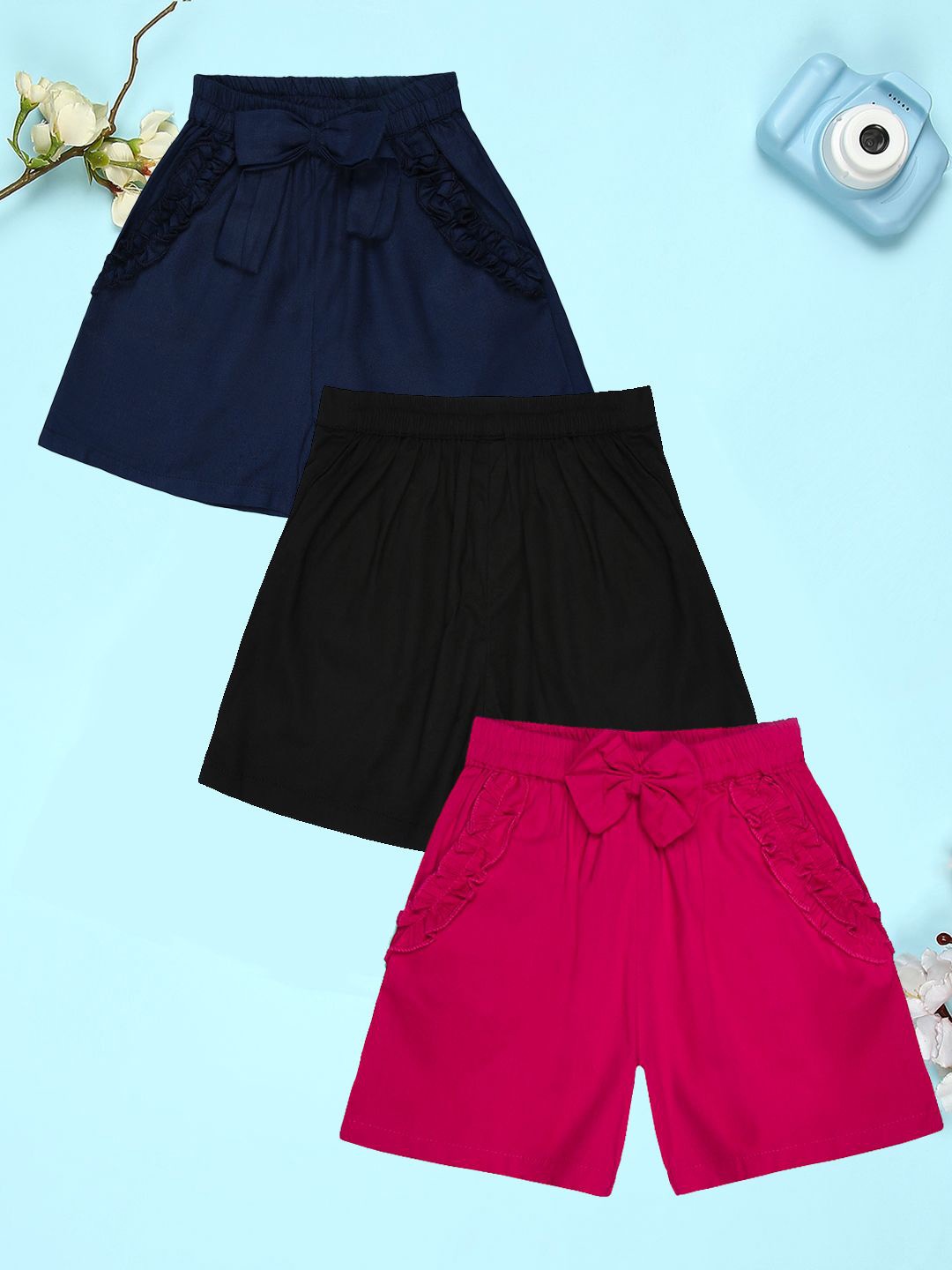 

Cutiekins Girls Pack Of 3 Mid-Rise Cotton Regular Shorts, Navy blue