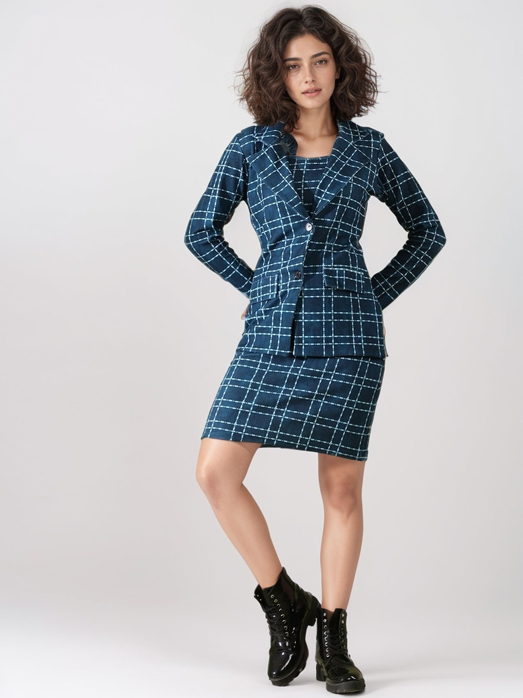 

DressBerry Blue Checked Shoulder Straps Top & Jacket With Skirt