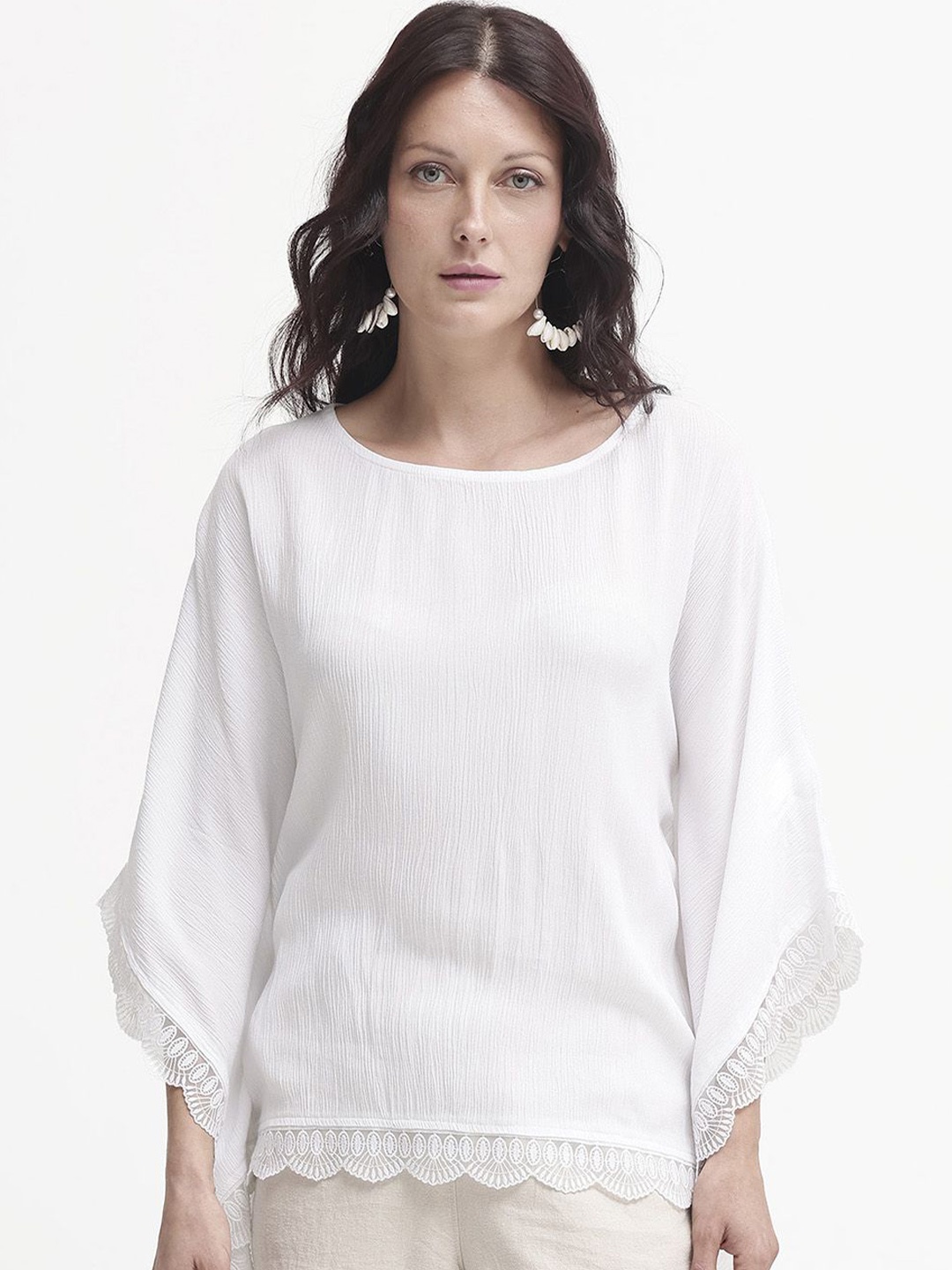 

RAREISM women boat neck kimano sleeves lace ups Kaftan Top, White