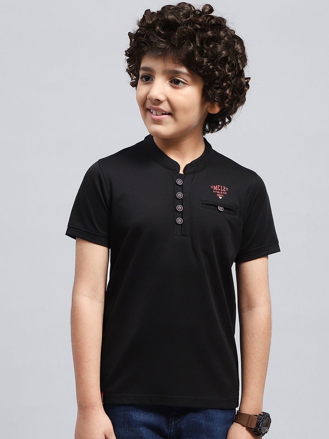 

Monte Carlo Boys Mandarin Collar Cotton T-shirt, Black