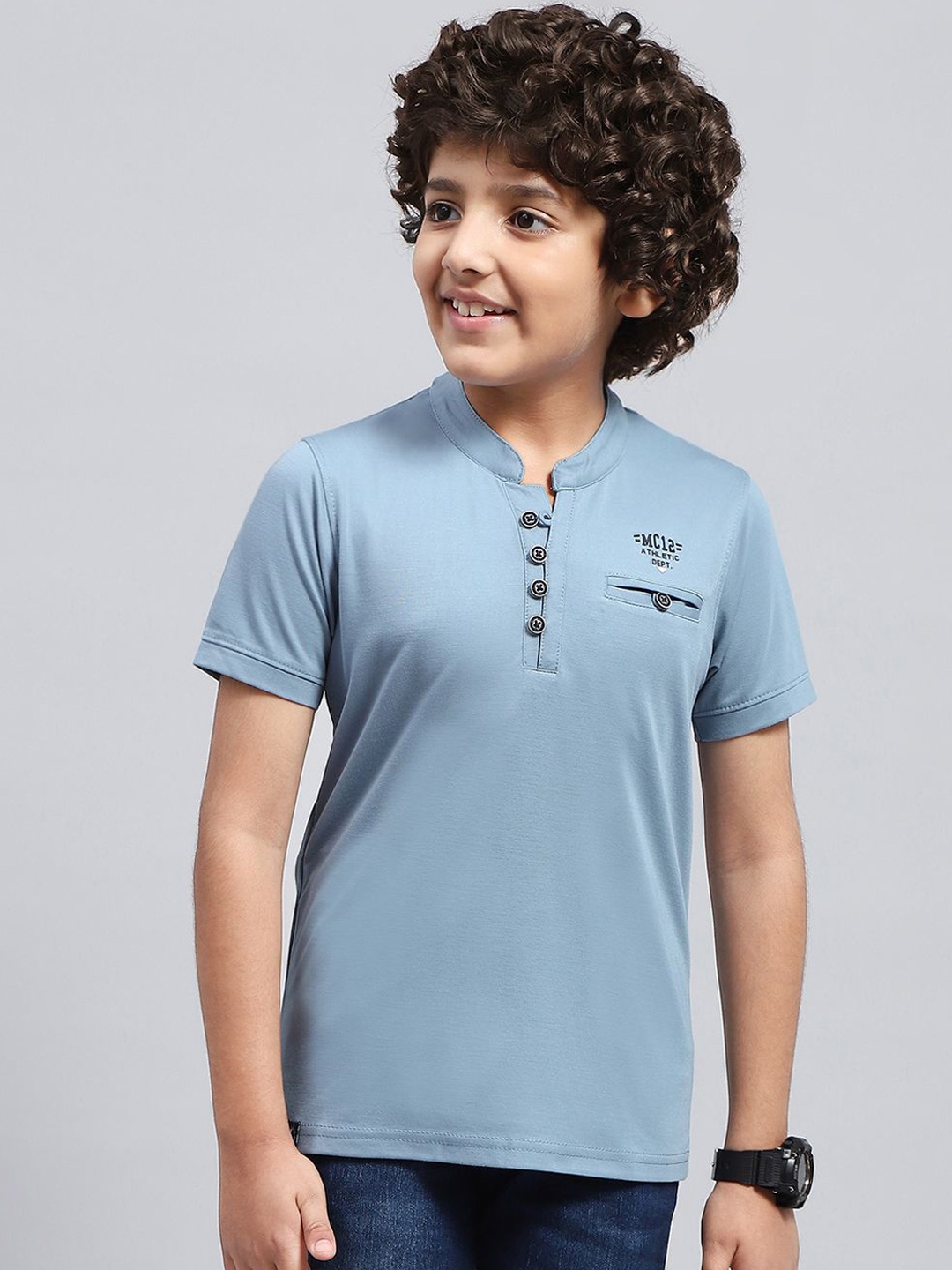 

Monte Carlo Boys Mandarin Collar Cotton T-shirt, Blue