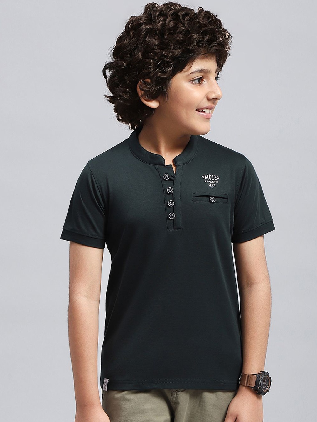 

Monte Carlo Boys Mandarin Collar Cotton T-shirt, Green