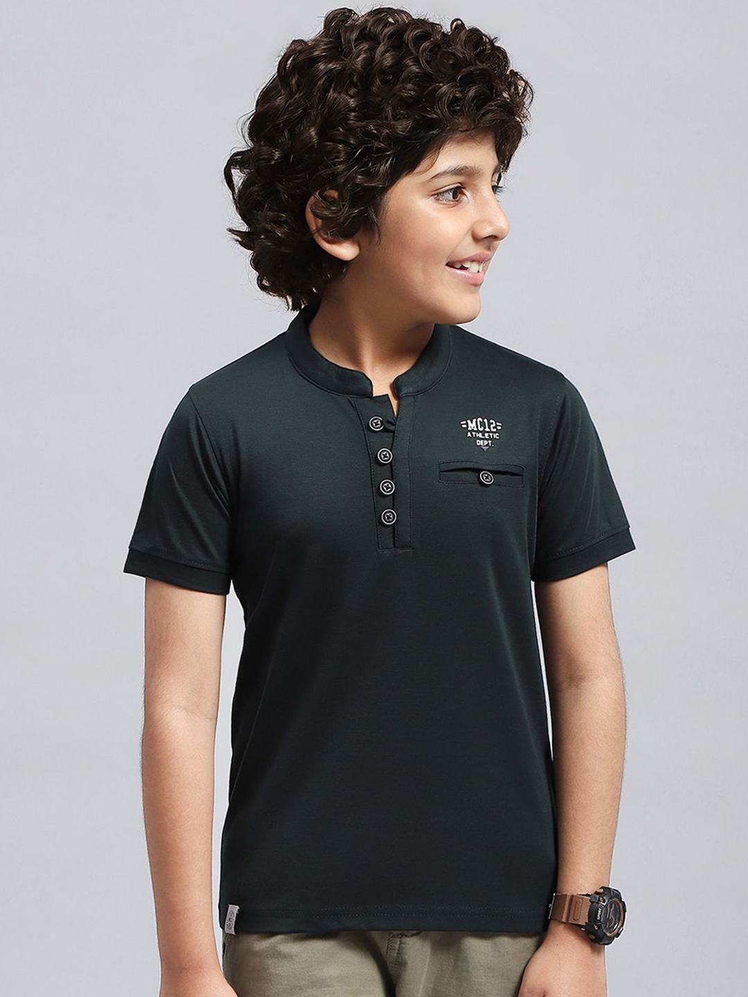 

Monte Carlo Boys Mandarin Collar Cotton T-shirt, Green