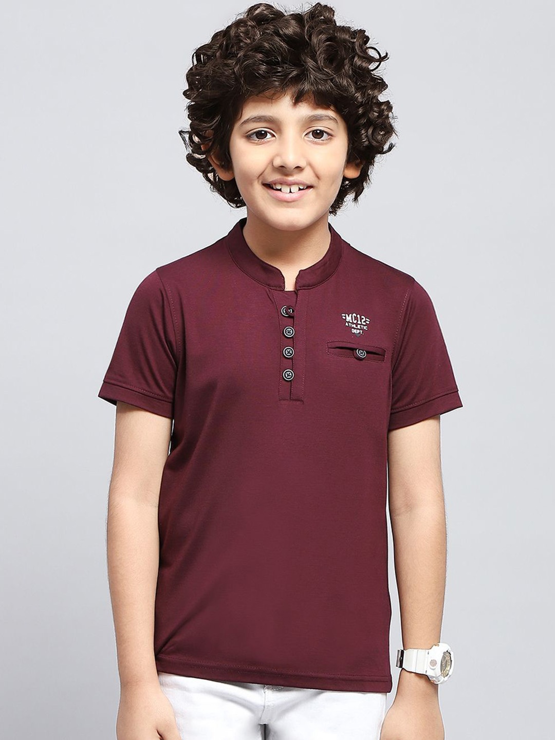 

Monte Carlo Boys Mandarin Collar Cotton T-shirt, Maroon