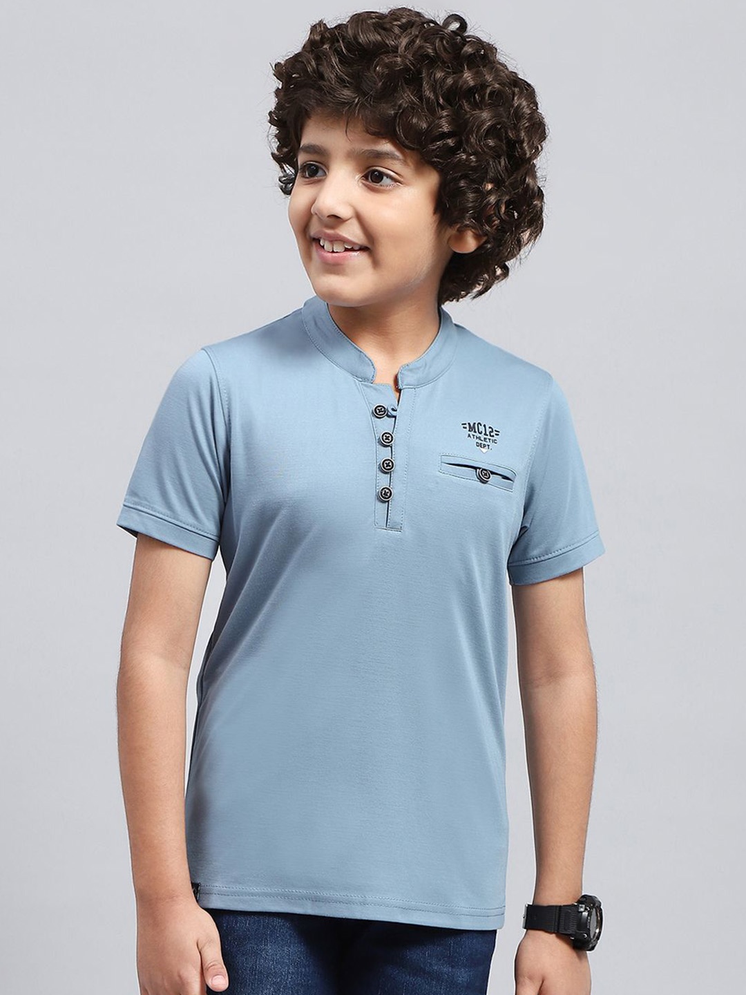 

Monte Carlo Boys Mandarin Collar Cotton T-shirt, Blue