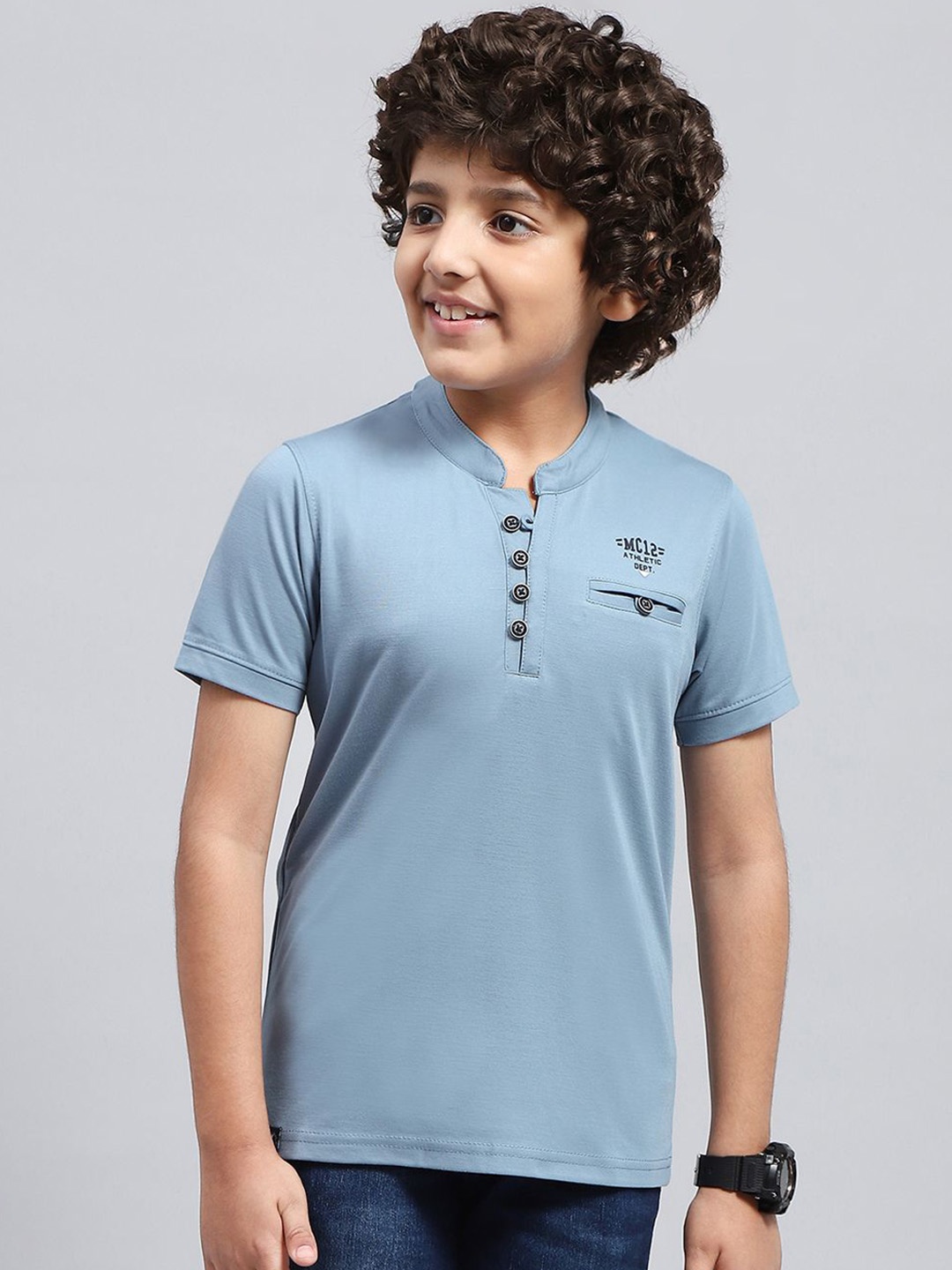 

Monte Carlo Boys Mandarin Collar Cotton T-shirt, Blue