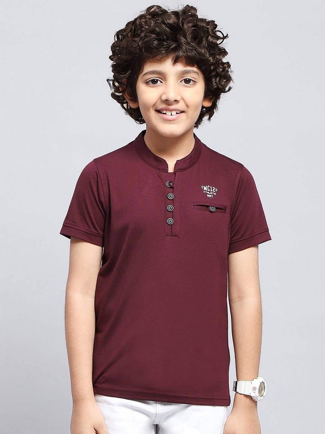 

Monte Carlo Boys Mandarin Collar Cotton T-shirt, Maroon