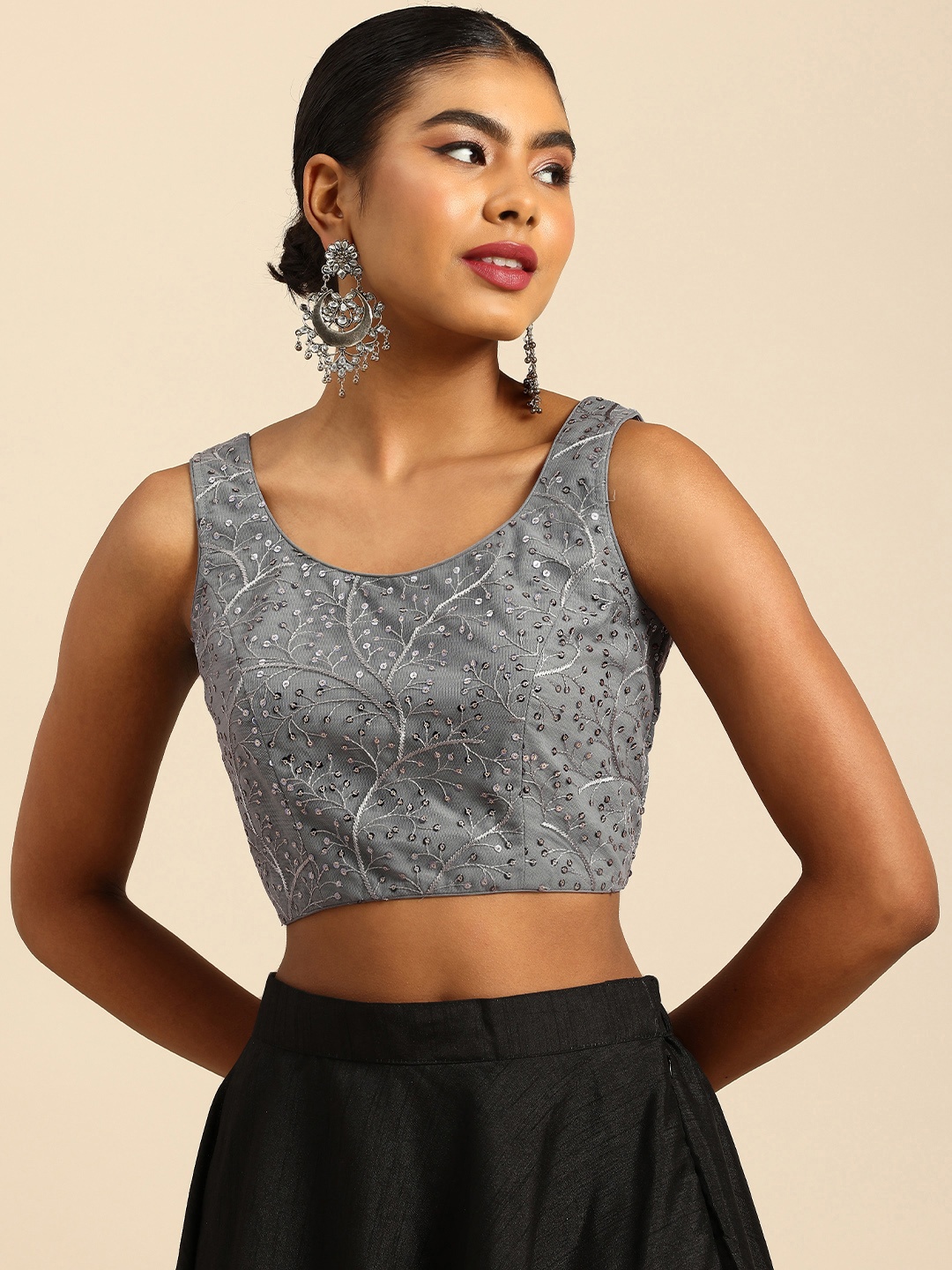 

Ethnovog Embroidered Sequinned Saree Blouse, Grey