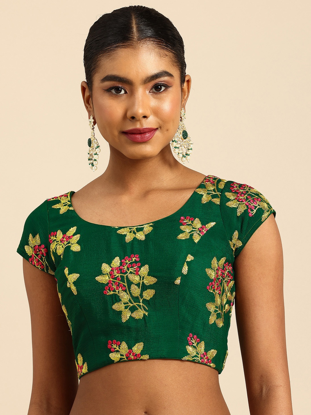 

Ethnovog Floral Embroidered Sequinned Saree Blouse, Green