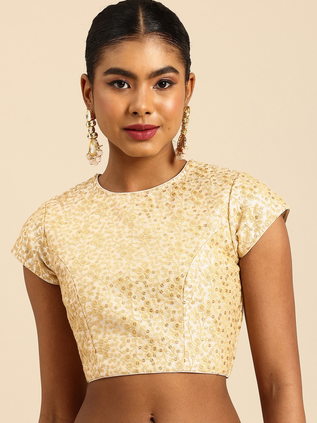 

Ethnovog Floral Embroidered Thread Work Saree Blouse, Beige