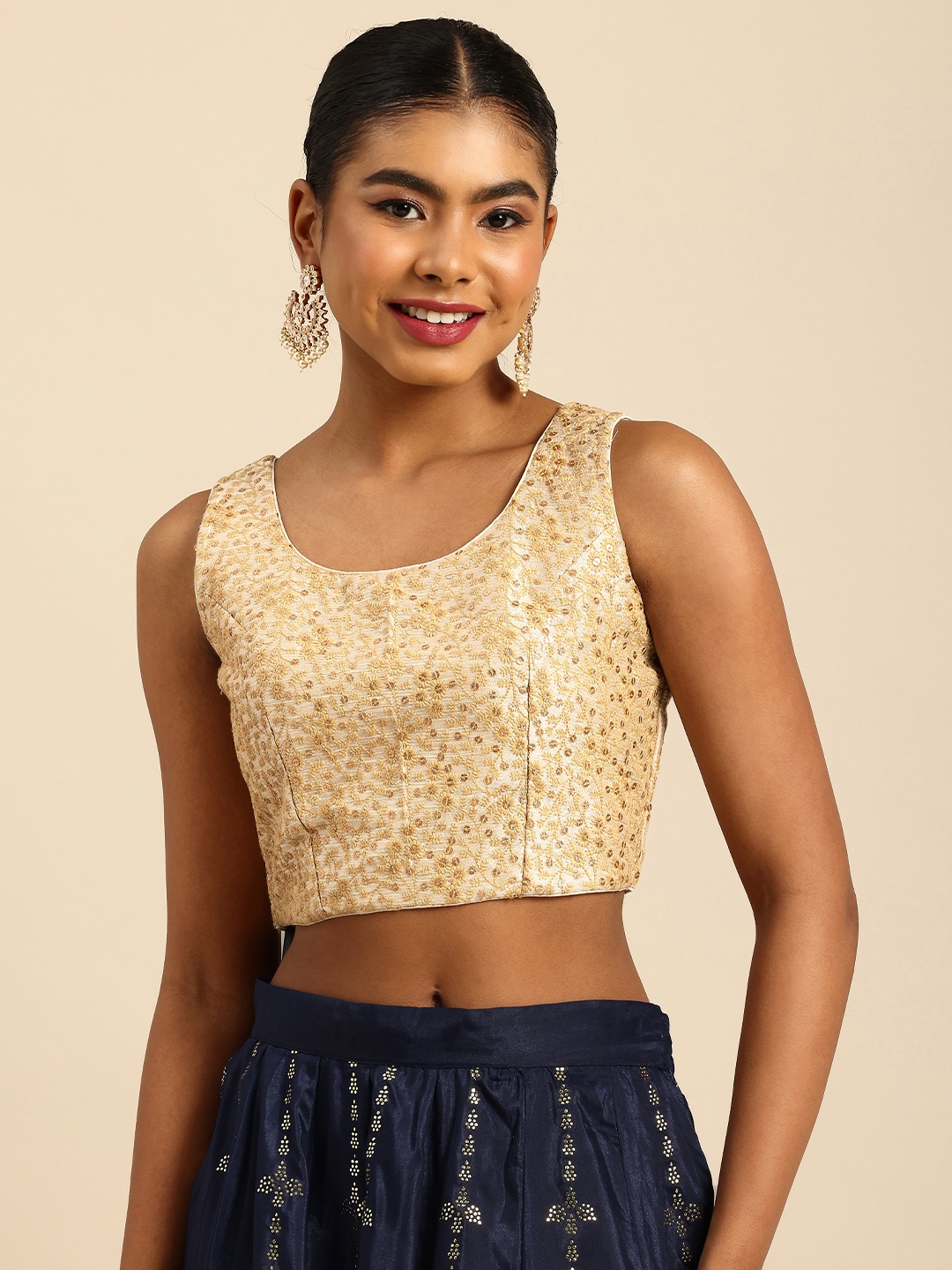 

Ethnovog Floral Embroidered Thread Work Saree Blouse, Beige