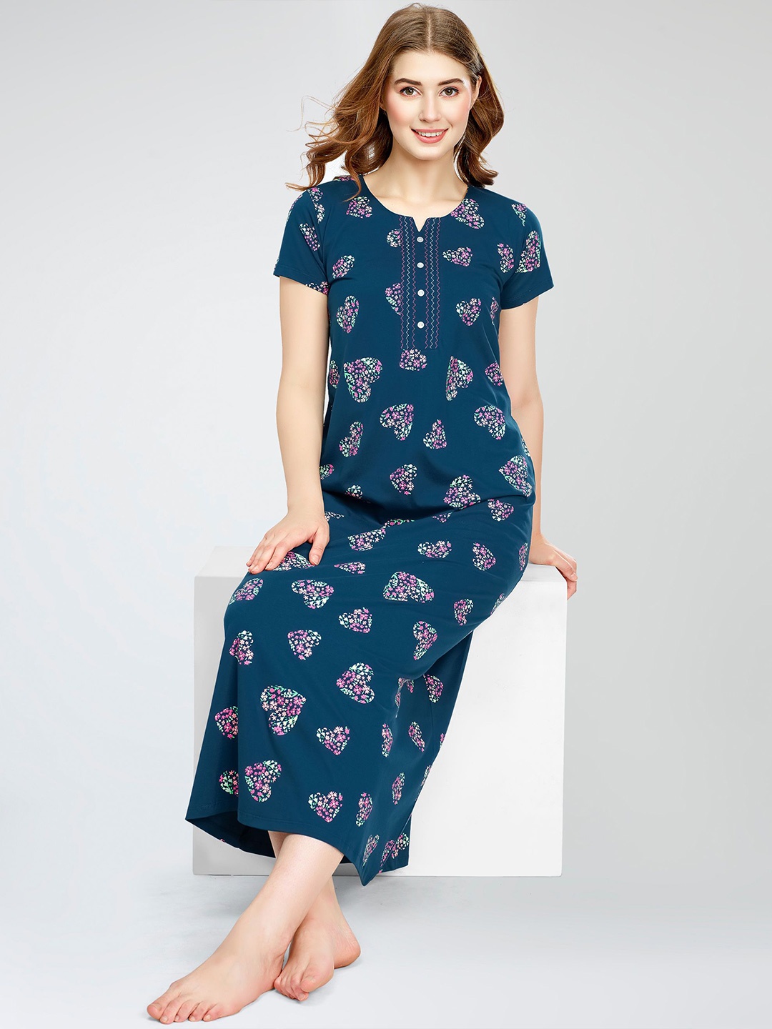 

Zeyo Graphic Printed Pure Cotton Maxi Nightdress, Teal