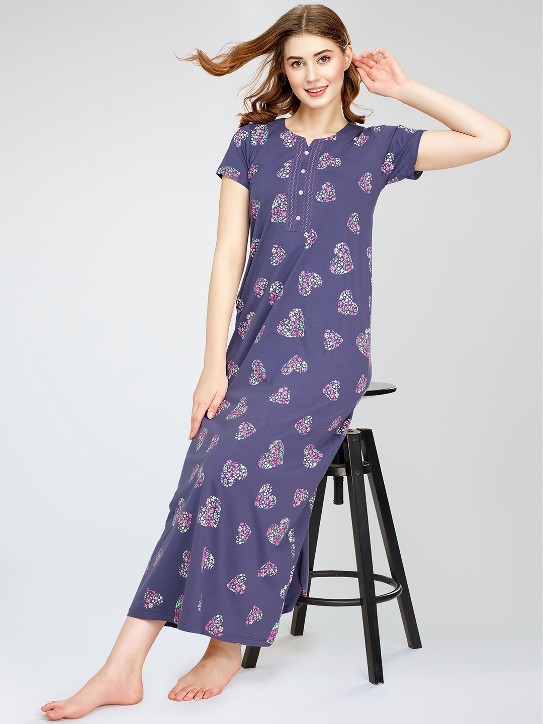 

Zeyo Graphic Printed Pure Cotton Maxi Nightdress, Blue