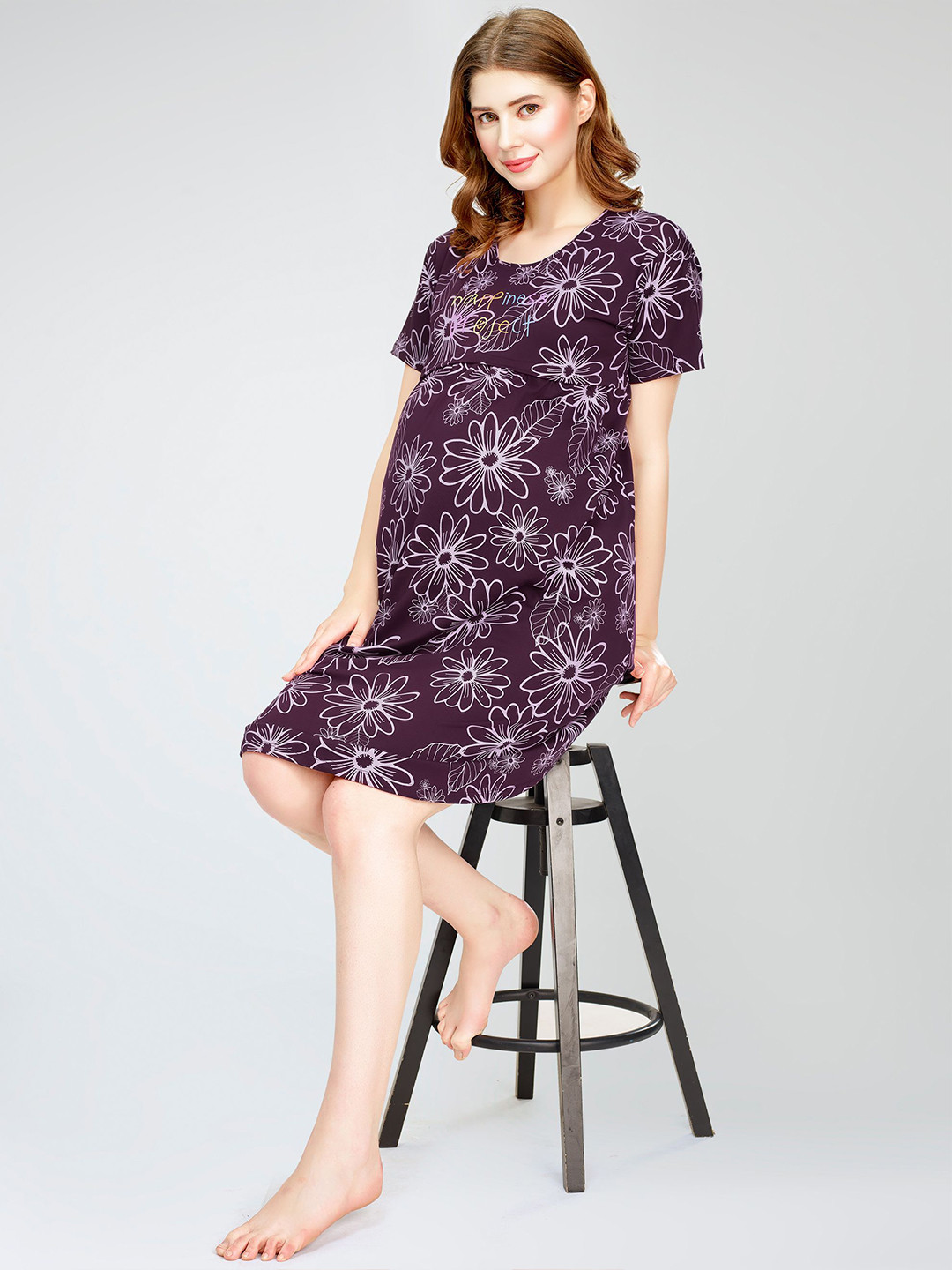

Zeyo Floral Printed Pure Cotton Maternity T-shirt Nightdress, Purple