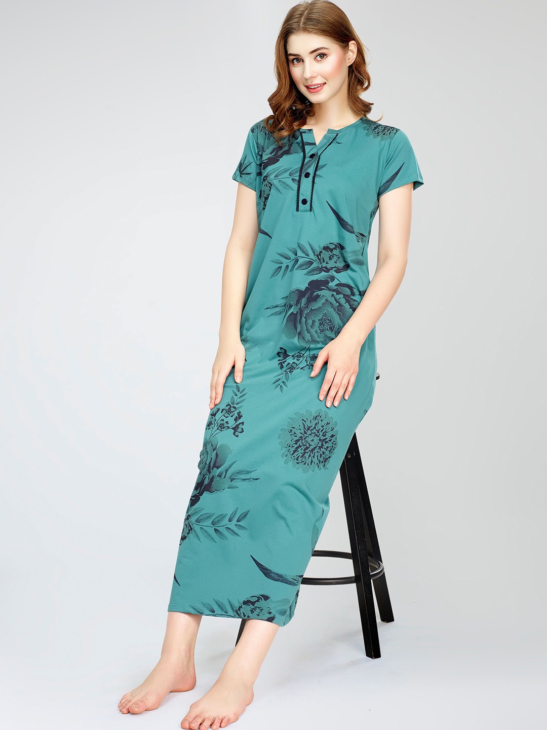 

Zeyo Floral Printed Pure Cotton Maxi Nightdress, Sea green