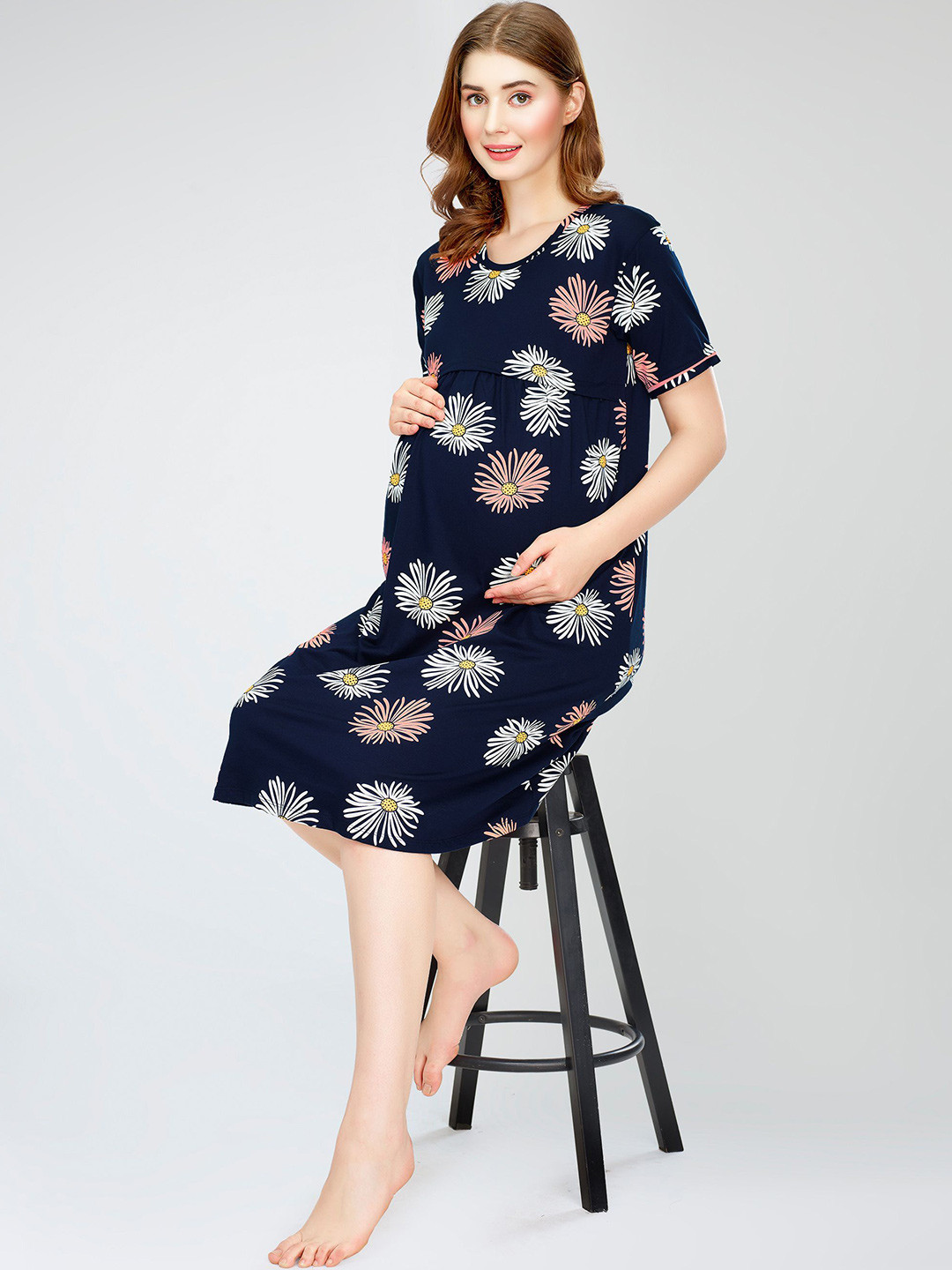

Zeyo Floral Printed Pure Cotton Maternity T-shirt Nightdress, Navy blue